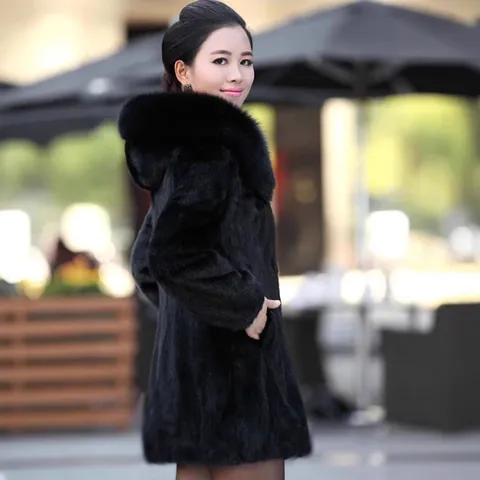 Women Winter Faux Fur Coat Hooded Mid Length Faux Fox Fur Collar Thick Warm Retro Outerwear Solid Color Black Top