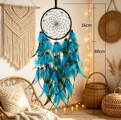 Χειροποίητη Boho Ονειροπαγίδα Διακόσμηση Τοίχου Πολύχρωμα Φτερά Με Φως LED για Υπνοδωμάτιο Γάμο Πάρτι Δώρο Γενεθλίων