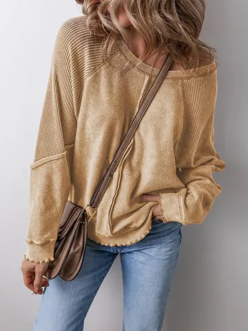 Damen Casual Loose Sweatshirt Langarm Rundhalsausschnitt Pullover Top Waffel Patchwork Offene Nähte Mode Streetwear