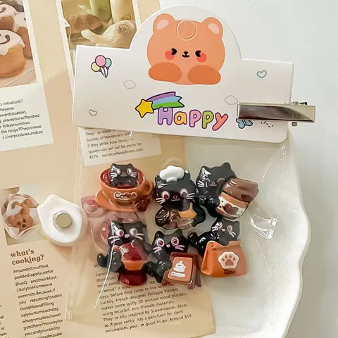 Cute Cartoon Black Coffee Cat Resin Fridge Magnets DIY Cream Glue Accessories Phone Case Patch Decoration Ornaments