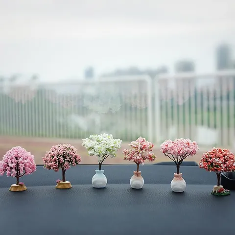 Simulation Cherry Blossom Flower Tree Car Dashboard Ornament Miniature Resin Plant Figurine For Car Interior Decor Women Gift