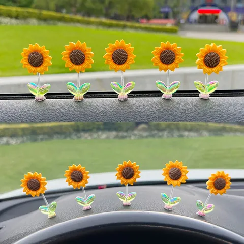 Tournesol Minimaliste Ornement de Tableau de Bord de Voiture Tête Tremblante Mignon Résine Fleur Auto Accessoires Intérieurs Décoration Esthétique Bureau