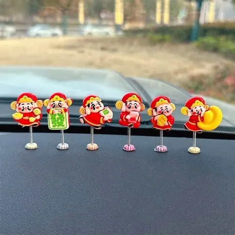 Cartoon Caishen Car Dashboard Ornament Set Lucky God Of Wealth Shake Head Spring Doll Chinese New Year Desktop Decoration