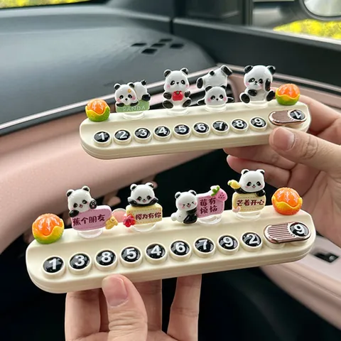 Cute Panda Car Temporary Parking Card Resin Fruit Ornament Automobile Interior Telephone Number Plate With Privacy Slide