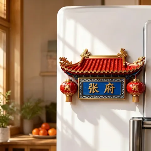 Magnete da Frigo in Metallo con Nome di Famiglia in Stile Cinese Adesivo Magnetico Architettura Tradizionale Decorazione Casa