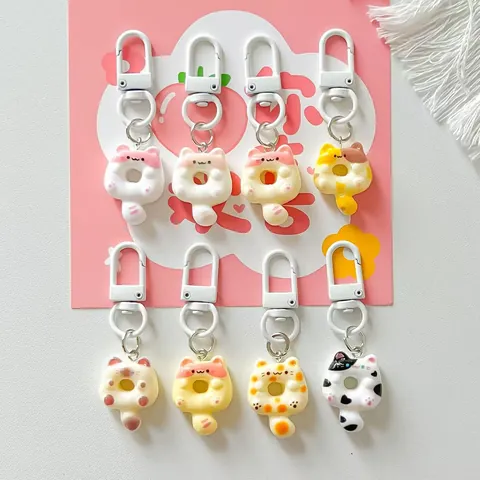 Cute Donut Cat Keychain Resin Animal Bag Charm Schoolbag Pendant Kawaii Cartoon Phone Chain Accessory Gift For Women Girls Besties