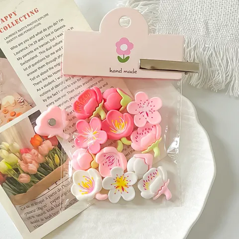 Cute Cherry Blossom Peach Blossom Resin Fridge Magnets For DIY Hair Clips Car Decoration Traceless Magnetic Accessories Set