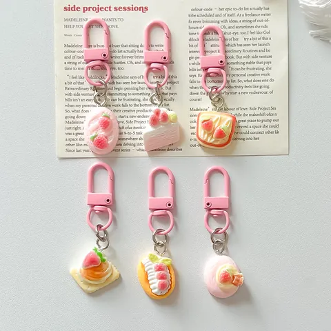 Cute Simulation Food Play Strawberry Dessert Keychain Pendant Pink Resin Cake Cookie Backpack Phone Charm Accessories Gift