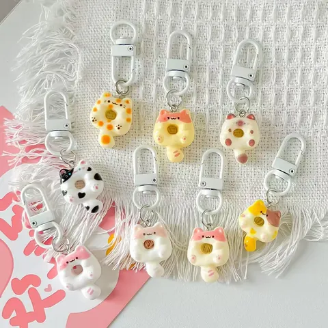 Cute Donut Cat Keychain Resin Animal Bag Charm Schoolbag Pendant Kawaii Cartoon Phone Chain Accessory Gift For Women Girls Besties