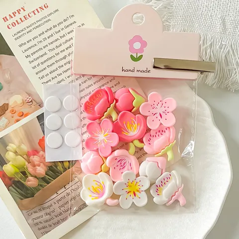Cute Cherry Blossom Peach Blossom Resin Fridge Magnets For DIY Hair Clips Car Decoration Traceless Magnetic Accessories Set