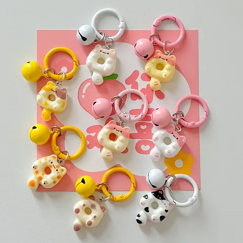 Cute Cartoon Cat Donut Keychain With Bell Resin Animal Sweet Pendant For Backpack Earpods Case Keys Women Girls Gift
