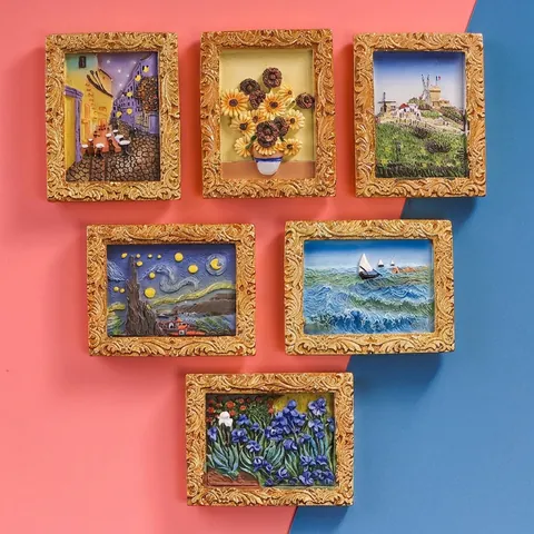 3D Relief Miniature Van Gogh Painting Fridge Magnets Vintage Gold Frame Resin Art Magnetic Sticker Starry Night Sunflowers Home Decor