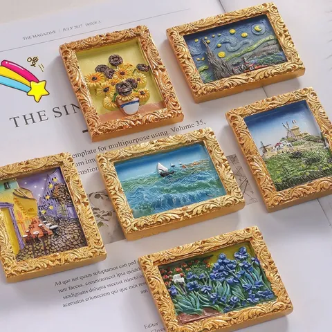 3D Relief Miniature Van Gogh Painting Fridge Magnets Vintage Gold Frame Resin Art Magnetic Sticker Starry Night Sunflowers Home Decor