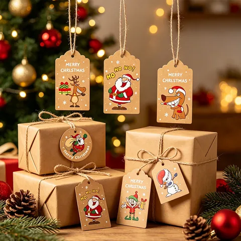 Etiquetas de Regalo de Navidad de Papel Kraft Con Cuerdas de Cáñamo Para Envolver Regalos Papá Noel Reno Muñeco de Nieve Decoración de Árbol