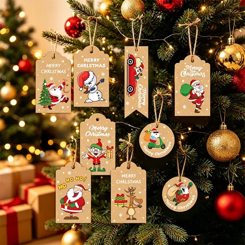 Etiquetas de Regalo de Navidad de Papel Kraft Con Cuerdas de Cáñamo Para Envolver Regalos Papá Noel Reno Muñeco de Nieve Decoración de Árbol