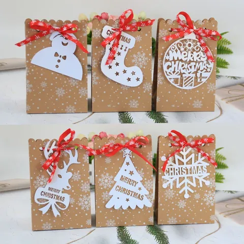 Weihnachten Kraftpapier Geschenktüten Schneeflocken Muster Laserschnitt Karten Rote Schleifen Süßigkeiten Kekse Party Verpackungstüten