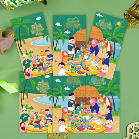 Sobres Verdes Hari Raya Paquetes de Dinero de la Suerte para Celebración Musulmana Juego de 6 Piezas Familia de Dibujos Animados Sobres de Regalo de Papel Impreso Año Nuevo Malasia