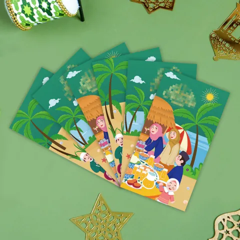 Sobres Verdes Hari Raya Paquetes de Dinero de la Suerte para Celebración Musulmana Juego de 6 Piezas Familia de Dibujos Animados Sobres de Regalo de Papel Impreso Año Nuevo Malasia