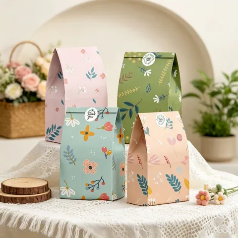 Bolsas de Papel de Regalo con Tema Floral y Pegatinas de Thank You para Cumpleaños Boda Banquete Caramelos Boutique