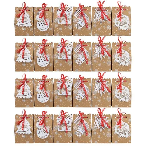 Weihnachten Kraftpapier Geschenktüten Schneeflocken Muster Laserschnitt Karten Rote Schleifen Süßigkeiten Kekse Party Verpackungstüten