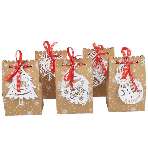 Cajas de Regalo de Papel Kraft de Navidad Bolsas de Embalaje para Fiestas Con Etiquetas de Patrón de Copo de Nieve Y Cordel
