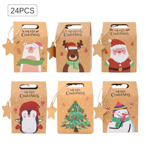 Christmas Kraft Paper Candy Gift Bags With Laser Cut Cards Snowflake Pattern Ribbon For Festive Party Wedding Supplies Set