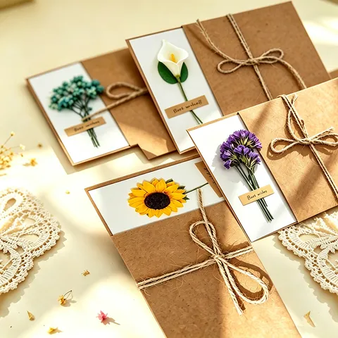 Biglietto di Auguri Vintage in Carta Kraft Con Fiori Secchi Fatto a Mano Best Wishes per Festa degli Insegnanti Ringraziamento Nozze