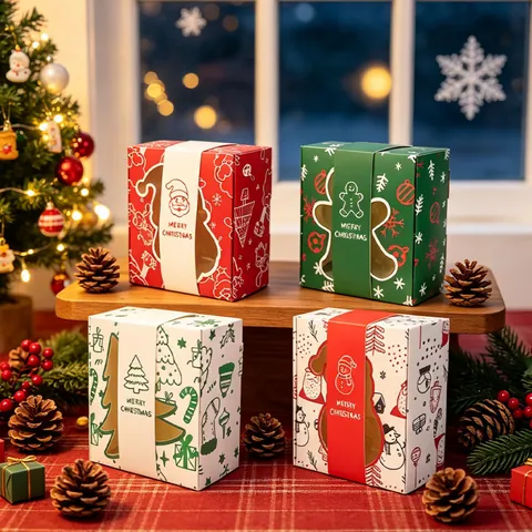 Boîte à Bonbons de Noël Carrée Carton Fenêtre PVC Biscuits Pâtisserie Boîte Cadeau Père Noël Bonhomme de Neige Motif