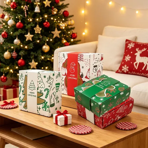 Boîte à Bonbons de Noël Carrée Carton Fenêtre PVC Biscuits Pâtisserie Boîte Cadeau Père Noël Bonhomme de Neige Motif
