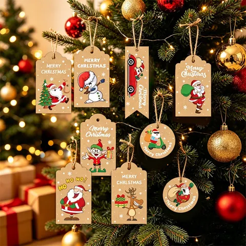 Christmas Kraft Paper Gift Tags With Jute Twine Printed Snowman Santa Claus Reindeer Hanging Labels For Holiday Decor