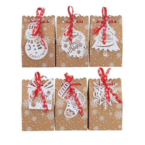 Cajas de Regalo de Papel Kraft de Navidad Bolsas de Embalaje para Fiestas Con Etiquetas de Patrón de Copo de Nieve Y Cordel