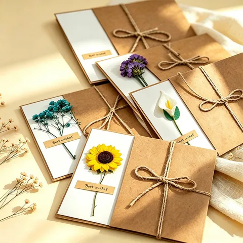 Cartes de Vœux Fait Main en Papier Kraft Rétro Avec Fleurs Séchées Naturelles Cartes de Remerciement Pour Fête des Enseignants Mariage Anniversaire