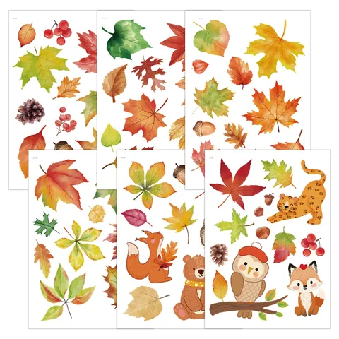 Fall Maple Leaf Animal Window Stickers Static Cling PVC Autumn Decals For Glass Window Decoration Cartoon Forest Animals