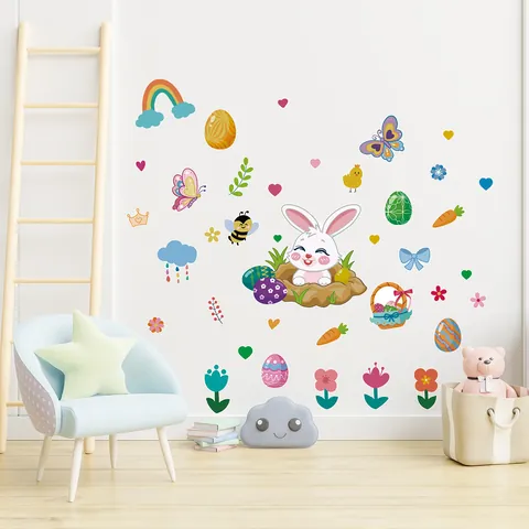 Easter Rabbit Egg Wall Stickers Removable Vinyl Cartoon Bunny Window Decals For Kids Room Living Room Holiday Party Decor