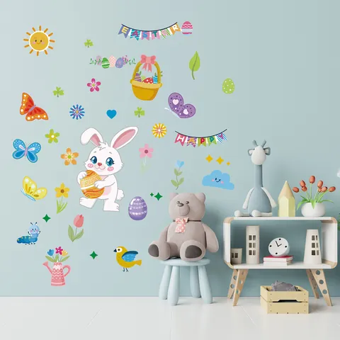 Easter Rabbit Egg Wall Stickers Removable Vinyl Cartoon Bunny Window Decals For Kids Room Living Room Holiday Party Decor