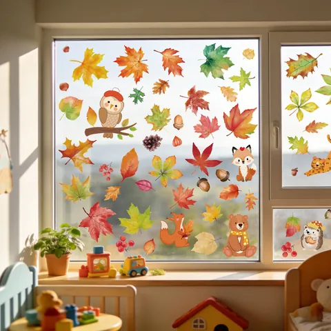 Fall Maple Leaf Animal Window Stickers Static Cling PVC Autumn Decals For Glass Window Decoration Cartoon Forest Animals