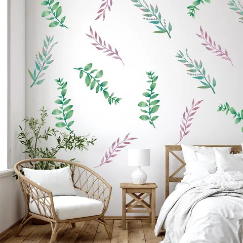 Nordic Watercolor Plant Leaf Wall Stickers Removable Self-Adhesive PVC Green Leaves Wallpaper For Living Room Bedroom Decor