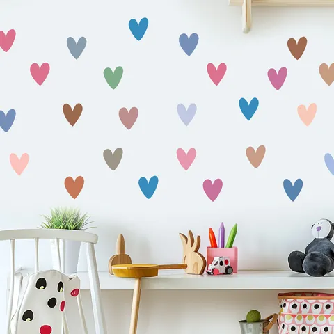 Colorful Heart Wall Stickers PVC Vinyl Self-Adhesive Wall Decals For Kids Room Girl Boy Bedroom Dorm Morandi Color Hand-Drawn Heart Pattern Home Wall Decoration