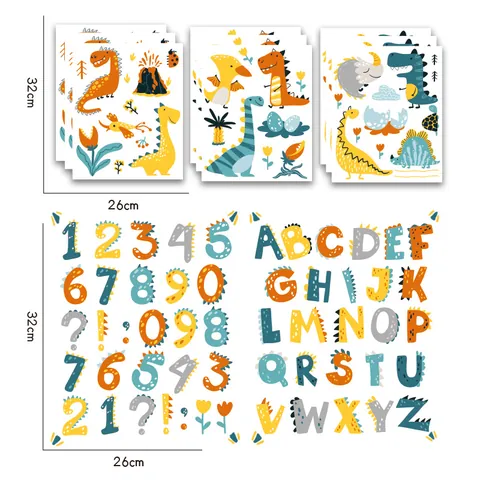 Cartoon Dinosaur Wall Stickers Removable PVC Decals For Kids Bedroom Nursery School Decor Alphabet Number Animal Wall Art