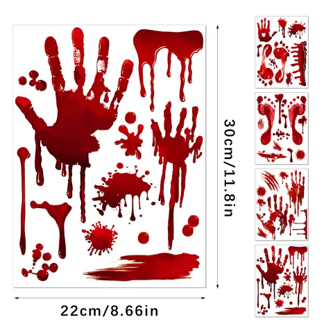 Halloween Blutige Handabdruck Fußabdruck Wandtattoo PVC Horror Fensteraufkleber Geisterhaus Party Deko Rote Kratzer Dekor