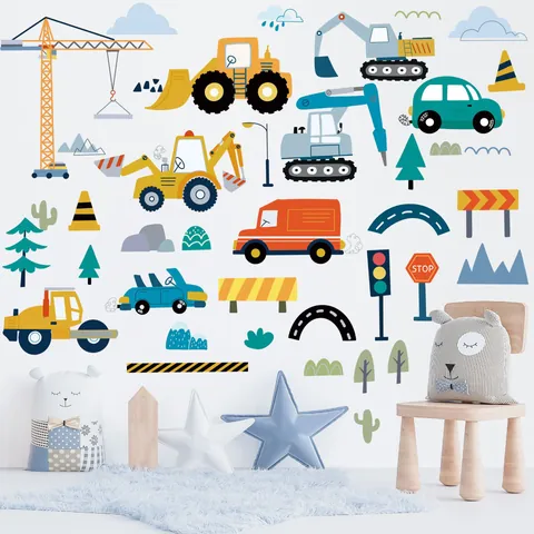 Cartoon Construction Vehicle Wall Stickers For Kids Room PVC Removable Car Decals For Bedroom Nursery School Classroom Wall Art Decor