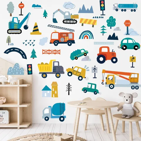 Cartoon Construction Vehicle Wall Stickers For Kids Room PVC Removable Car Decals For Bedroom Nursery School Classroom Wall Art Decor
