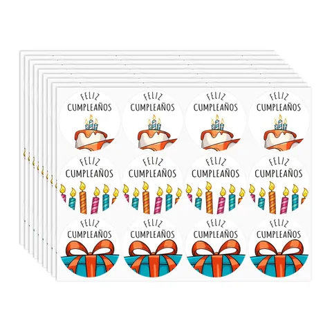 Spanish Feliz Cumpleanos Happy Birthday Stickers Coated Paper Round Cake Candle Gift Box Seal Labels For Party Decor