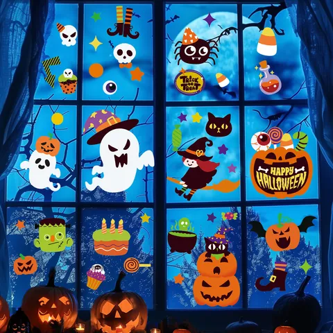 Halloween Static PVC Window Clings Cartoon Pumpkin Ghost Witch Stickers For Party Decoration Home Glass Door Decoration