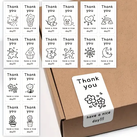 Cartoon Line Drawing Thank You Sealing Stickers For Gift Box Cake Dessert Packaging Labels Minimalist Decorative Stickers