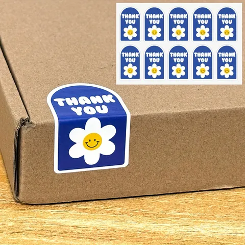 Blue Flower Thank You Sealing Stickers Arch Shape Adhesive Labels For Bakery Gift Dessert Box Packaging Decorations