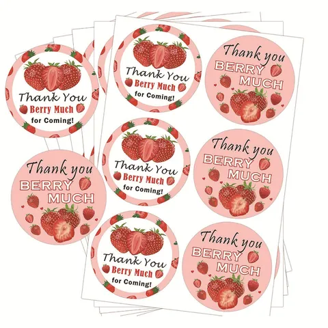 Στρογγυλά Αυτοκόλλητα Σφράγισης Φράουλα Thank You Berry Much Ροζ Σχέδιο Κινουμένων Σχεδίων Διακοσμητικές Ετικέτες για Δώρα