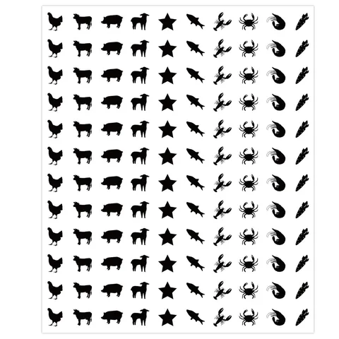 Minimalistische schwarze Silhouetten-Aufkleber mit Ikonen für Hochzeitsmenüs. Aus strapazierfähigem Synthetikpapier mit klarem Druck