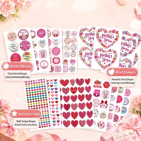 Happy Mother's Day Stickers Heart Floral Design Self Adhesive Labels For Gift Packaging Envelope Sealing DIY Decoration