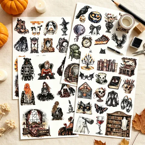 Halloween Midnight Witch Stickers Vintage Gothic Watercolor Scrapbooking DIY Decor Synthetic Paper Witch Pumpkin Skull Stickers